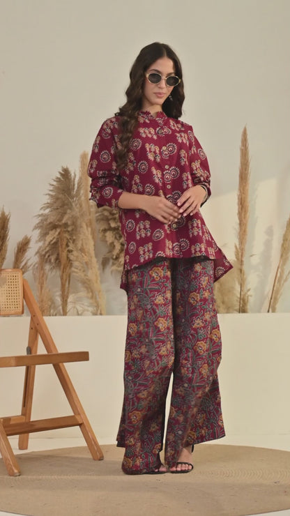 Maroon Floral Print Cotton Co-ord Set