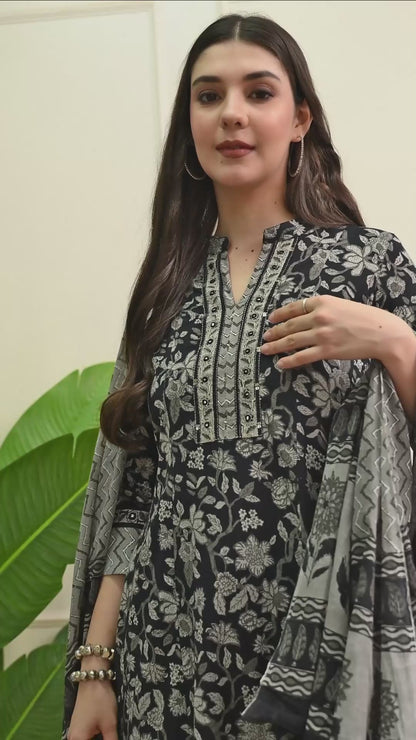 Monochrome Bloom Cotton Anarkali Suit Set